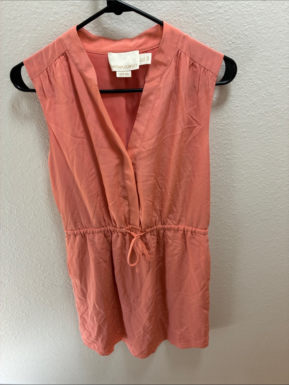 Cynthia Rowley Coral Sleeveless V-Neck Silk Drawstring Mini